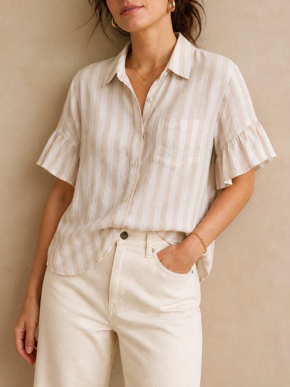 Lord & Taylor Linen Ruffle Sleeve Button Down Shirt Tan White Stripe Plus 0X